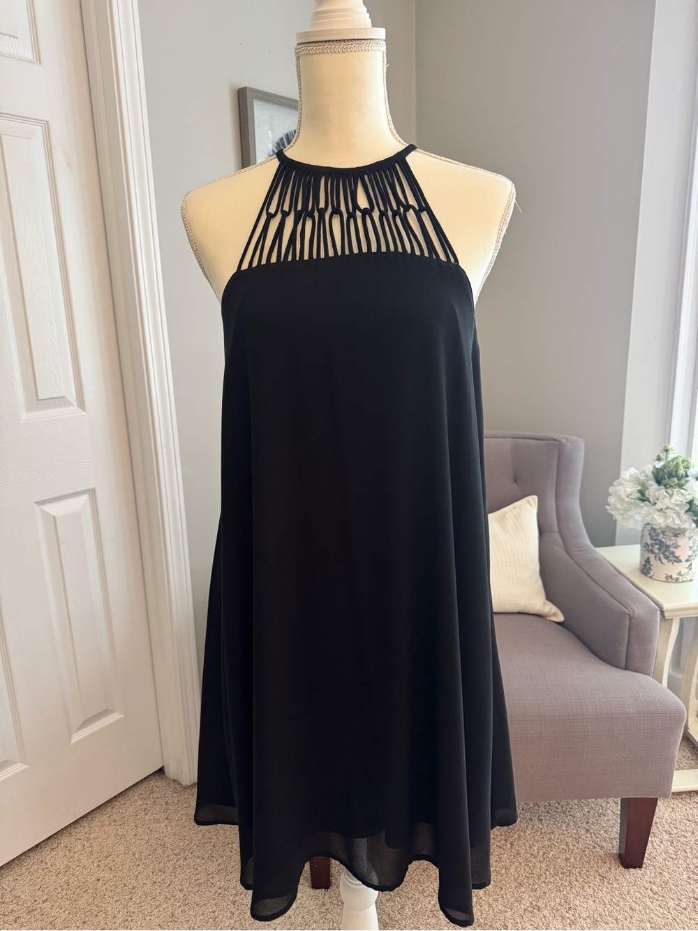 Lulu's Black Halter Macramé Neckline Swing Mini Dress